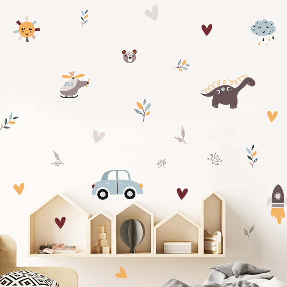 

Cartoon Dinosaur Airplane Car Leaf Heart Wall Sticker Boho Removable Vinyl Wall Decal Mural Nursery Boys Kids Bedroom Home Decor