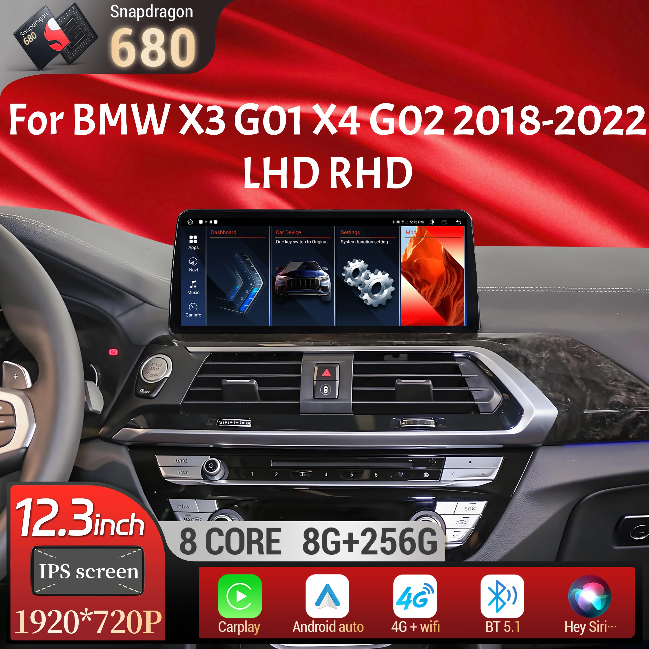 Фото 12,3-дюймовый Android 13 для BMW X3 G01 X4 G02 2018-2022 Автомобильный радиоприемник 4G GPS Беспроводной Bluetooth Carplay Snapdragon 680 Экран головного устройства №1