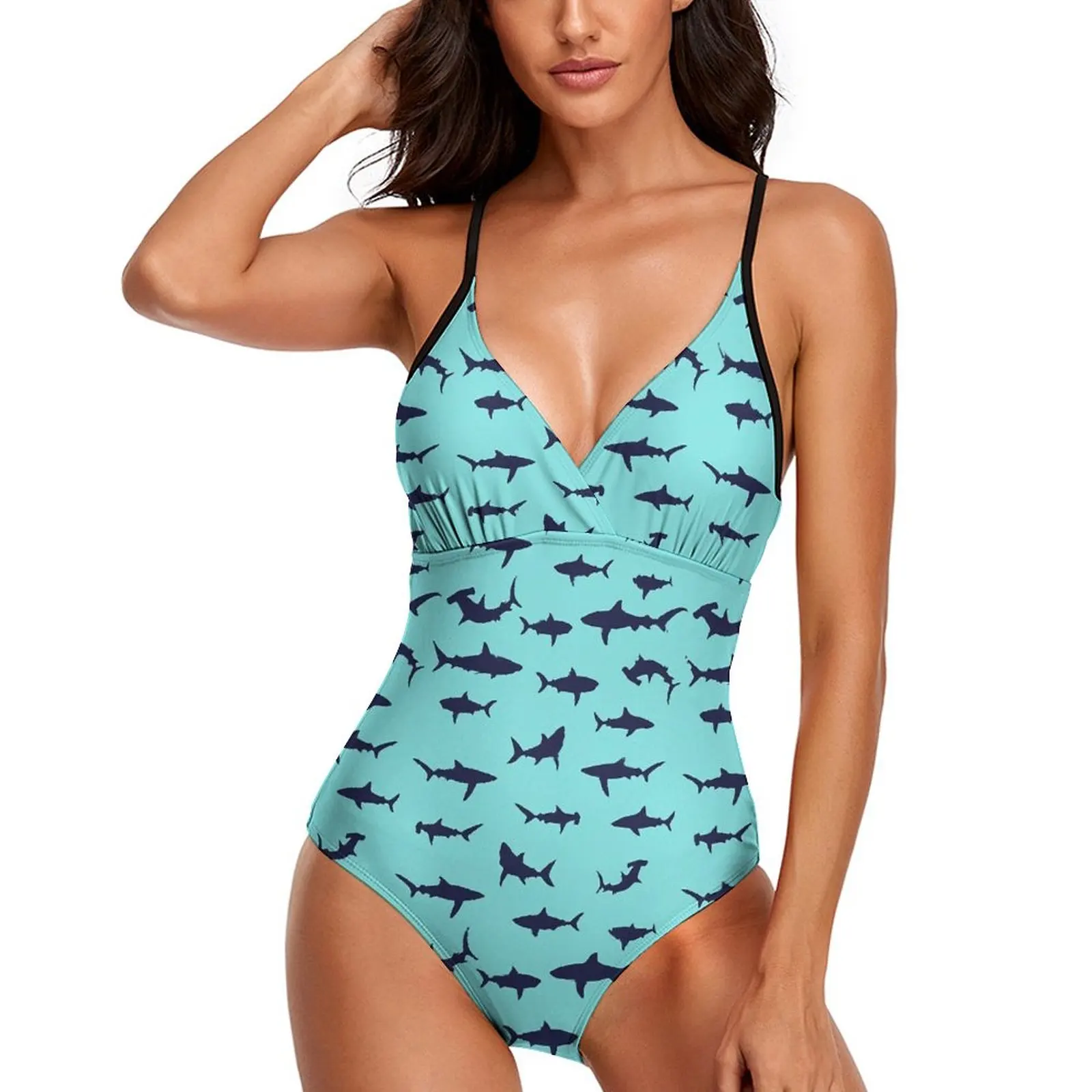 

Shark Silhouette Swimsuit Animal Print Stylish Swimwear One-Piece Design Bodysuit Woman Push Up Monokini Sexy Deep V Beachwear