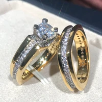 2pcs bridal set ring luxury gold color geometric shape wedding jewelry women micro pave cz lady proposal engagement rings