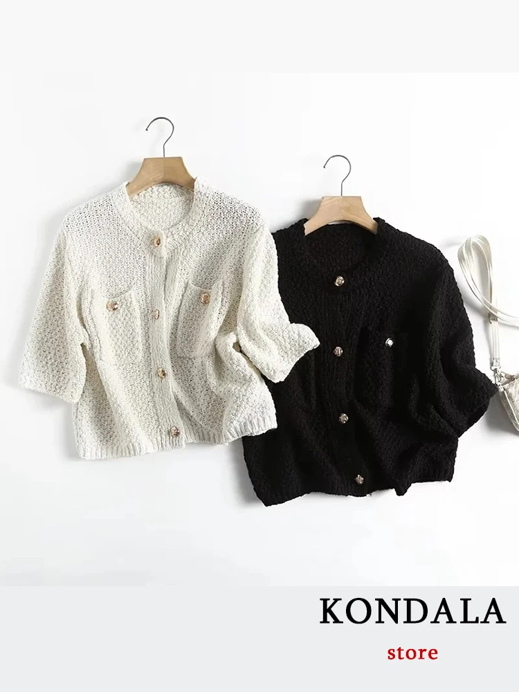 

KONDALA Vintage Knitted Cotton Cardigans Women V Neck Single Button Pockets Short Sweaters Office Lady Fashion 2022 Jackets Tops