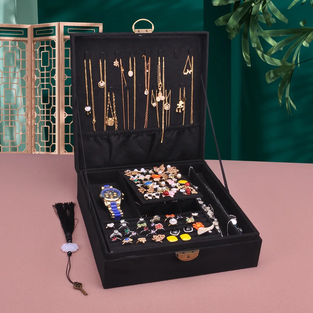 Tabletop 2 Layers Jewelry Box Large Stackable Suede Necklace Stud Earrings Organizers Jewelry Suitcase Lockable Green Pink Navy