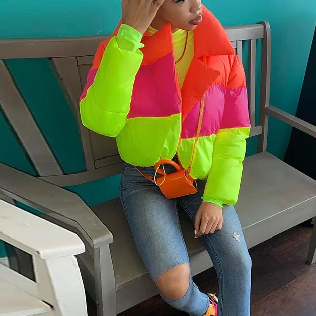 Women's Fresh Rainbow Contrast Short Bread Parkas Winter Zipper Pockets Jacket Women Parka Casual Patchwork Fuffy Female Jackets
