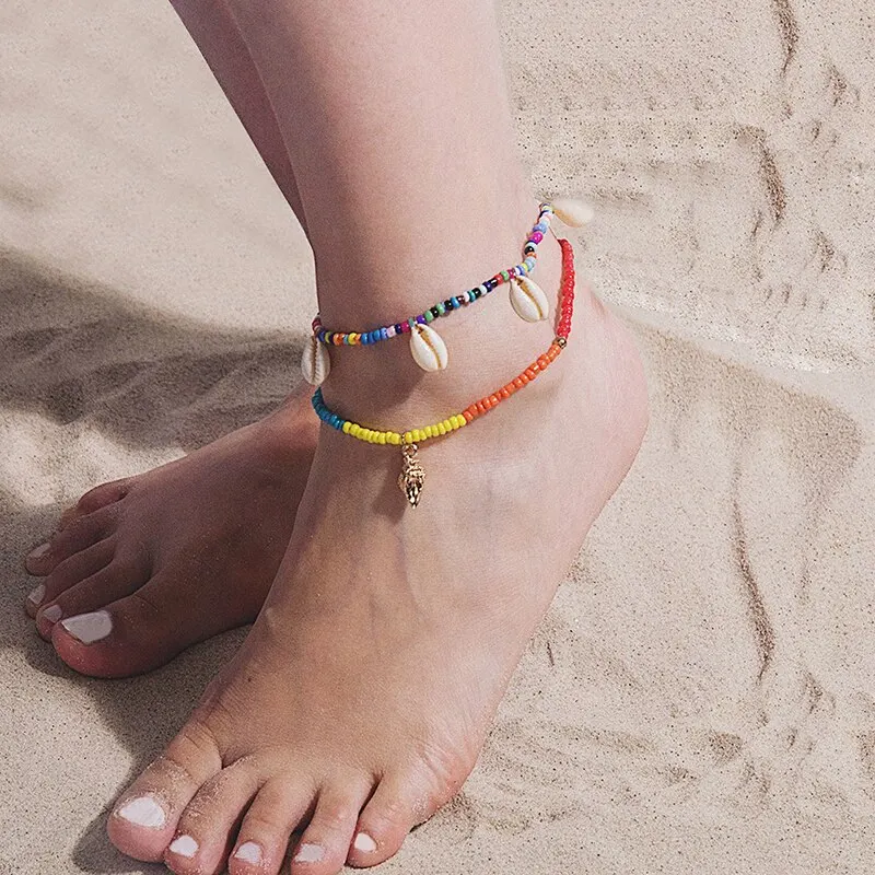 

Boho Ankle Set Colorful Beads Shell Double Layer Anklet Charm Jewelry For Women