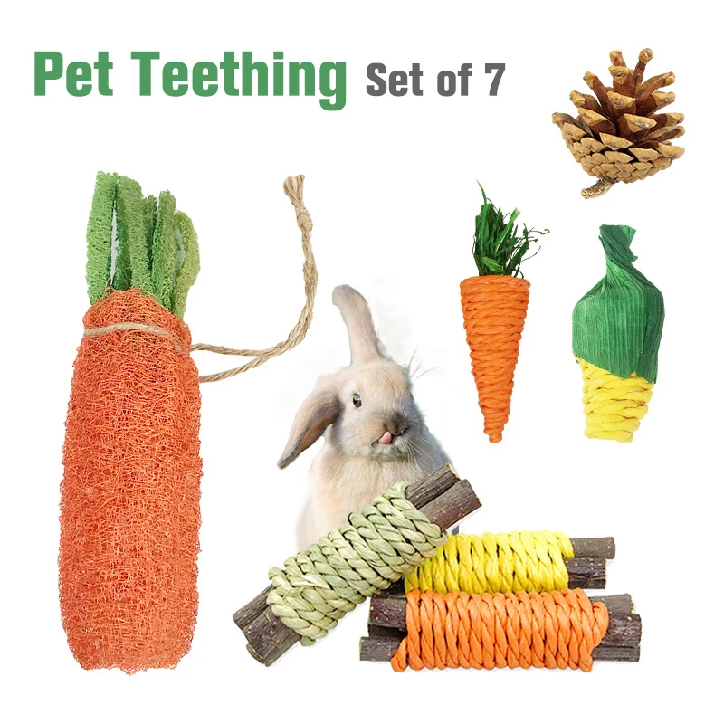 

7Pcs Hamster Rabbit Chew Toy Bite Grind Teeth Toys Corn Carrot Woven Stick for Tooth Cleaning Radish Molar Toys Pet Supplies