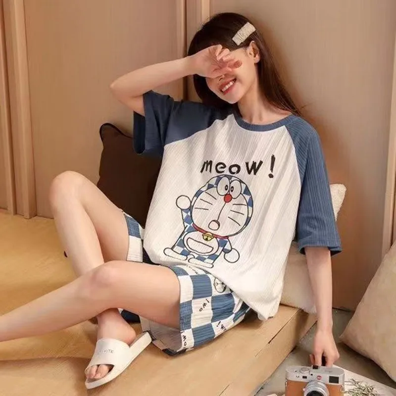 Summer 2 Pieces Pyjama O Neck Tops with Shorts Anime Print Pajamas for Woman Girls Kawaii Home Cloth Harajuku Room Shirts Mujer