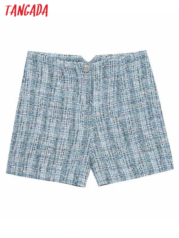 

Tangada Fashion Women Blue Tweed Shorts Vintage High Waist Zipper Fly Female Short 6P27