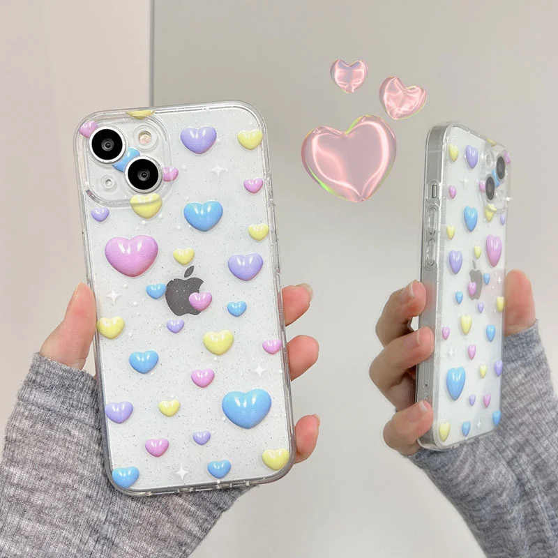 

Fashion Colorful 3D Love Heart Phone Case For iPhone 13 12 11 14 Pro Max Transparent Lens Protection Soft TPU Silicon Back Cover