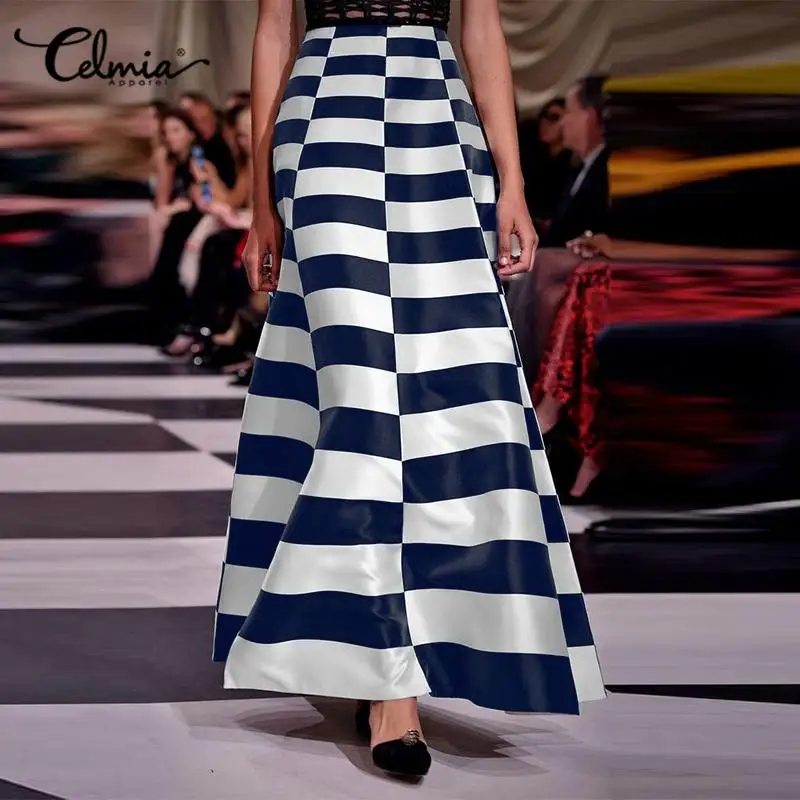 

Celmia Casual Celebrity A-line Skirt Satin Plaid New Fashion Women Maxi Skirt High Waist Checked Runway Elegant Party Long Jupes
