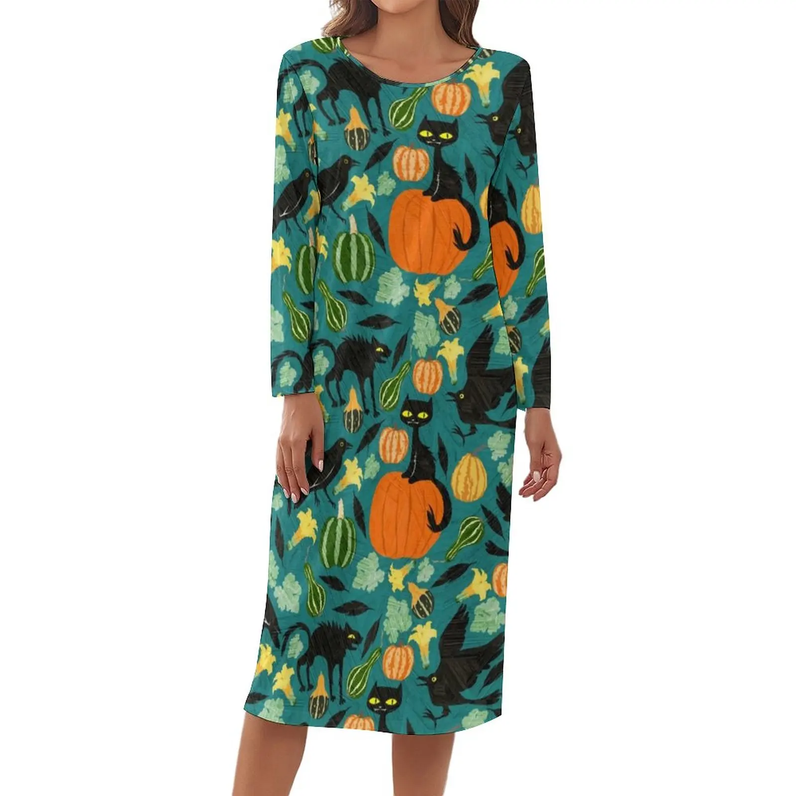 

Horror Halloween Pajamas Pumpkin Crows And Cats Long Sleeve Kawaii Dress Hot Female Leisure Sleepwear Spring Graphic Home Suit