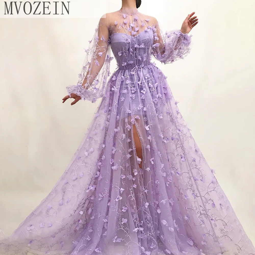 

Mvozein Цветочные Выпускные платья лавандового цвета с высокой горловиной, блестящее платье с вышивкой, женское платье для вечеринки 2023