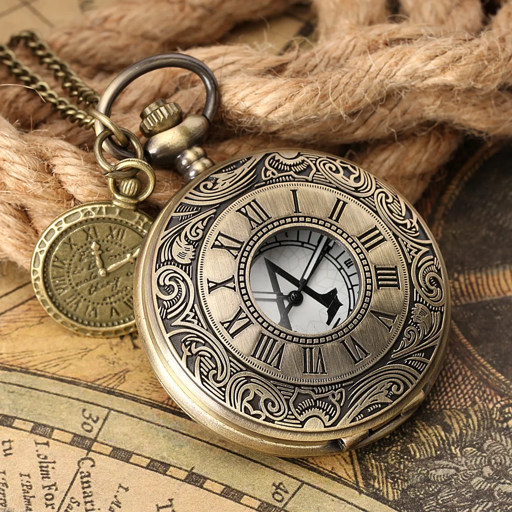 

Antique Bronze Double Roman Number Pocket Watch Quartz Watch Clock Dial Accessories Pendant Chain Clock Necklace Souvenir Gift