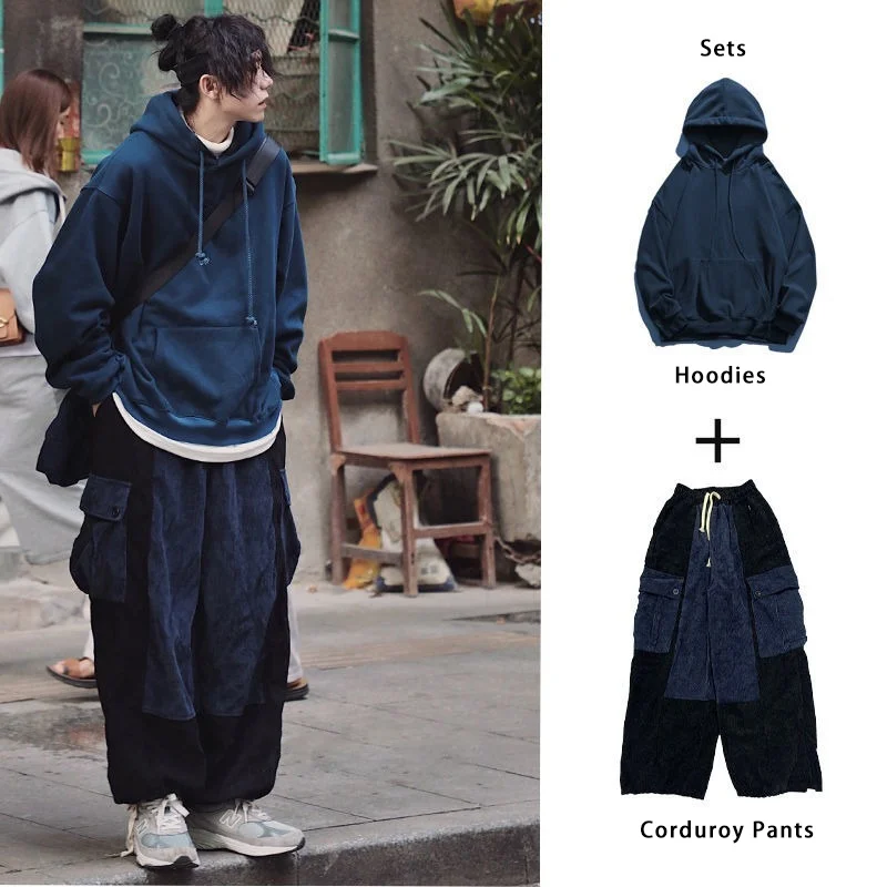 

Брюки-карго мужские вельветовые, свободные штаны, толстовка с капюшоном, свитшот, черная японская одежда в стиле хип-хоп, Харадзюку, осень