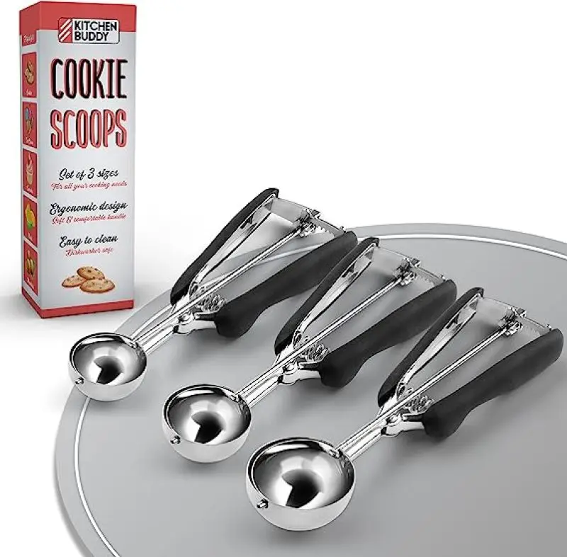 

Versatile Cookie Scoops - Stainless Steel Ice Cream Scoop with Trigger - For Cooking, Baking, and Food Portion - Set of 3 Scoope