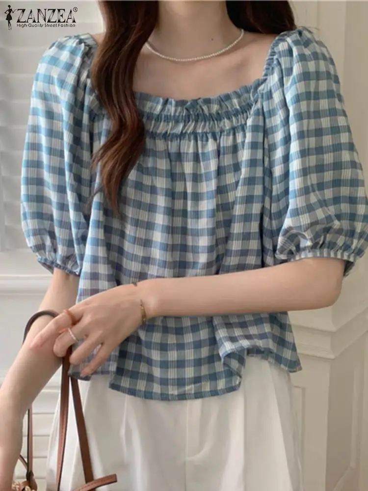 

Summer Elegant Blouse ZANZEA Women Causal Holiday Shirt Grid Printed Tunic Puff Sleeve Square Neck Sweet Party Tops Oversize