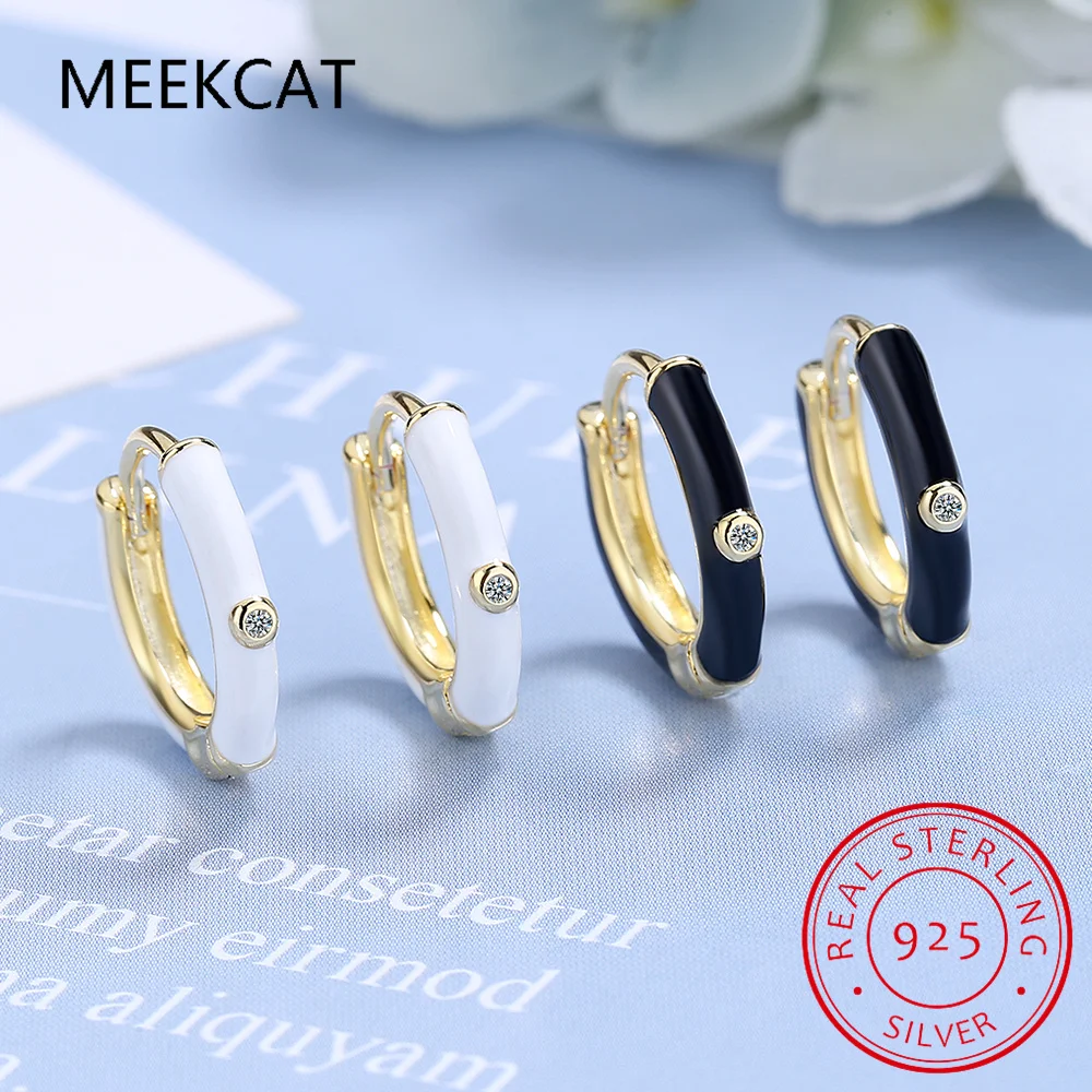 

925 Sterling Silver White/Black Enamel Hoop Earrings For Women Clear Zircon Piercing Pendientes Ohrringe Earring Jewelry