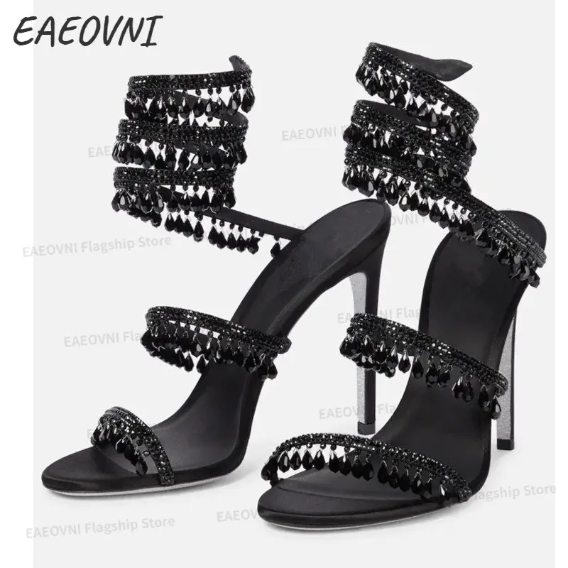 2023 EAEOVNI  Women's New Rhinestone Sandals Fashion Tassel Crystal Shoes Sexy Banquet Party Twining Stiletto Women's Sandals