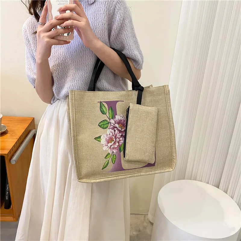 

2022 New Mother And Daughter Straw Woven Handbag Tote Bag Printing Handbag Jute Ladies Handbag