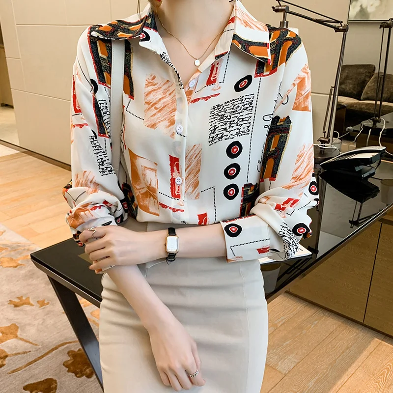 

Женская рубашка с принтом, элегантная Весенняя рубашка с отложным воротником и длинными рукавами, Элегантная блузка, Прямая поставка