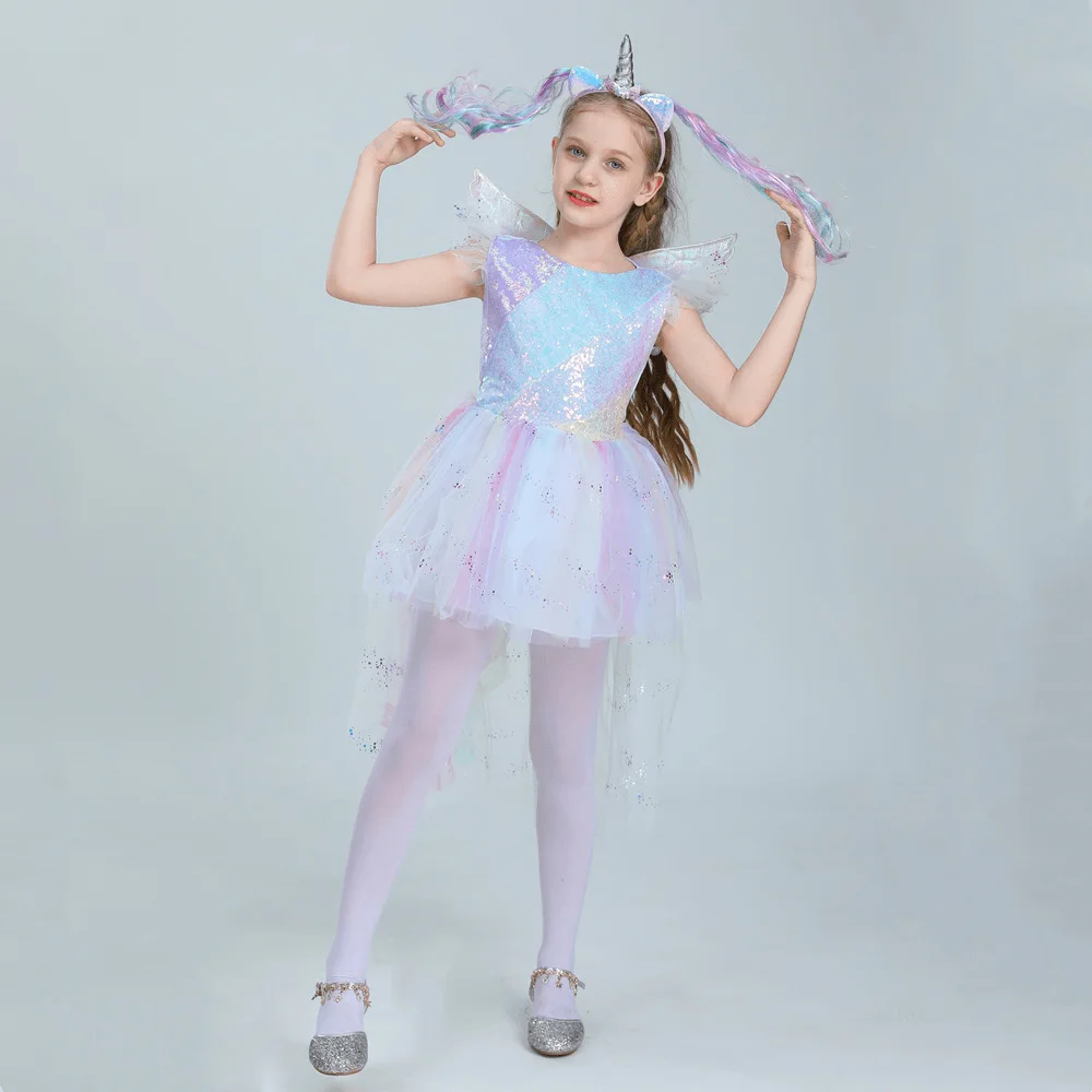 

Unicorn Princess Stage Performance Rainbow Mesh Dress Kids Girls Halloween Christmas Birthday Party Cosplay Costume