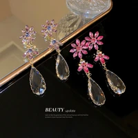 sweet bling bling rhinestones flower long drop earrings for women korean trendy water drop flower drop earrings party jewelry