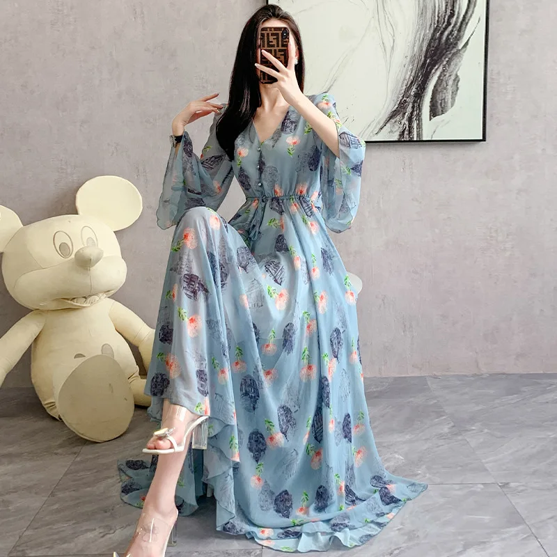 

2023 Women's New Summer Print Long-sleeved Chiffon Holiday Beach Dress Skirt Summer Senior Sense Dress for Women