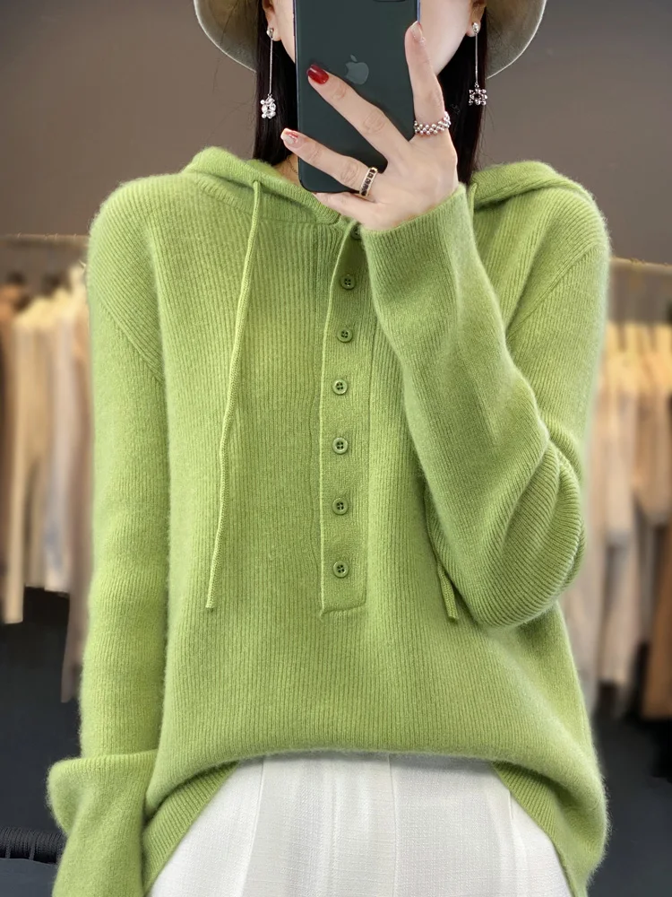 Модный женский свитер с капюшоном на весну и осень пуловер длинным рукавом 100%