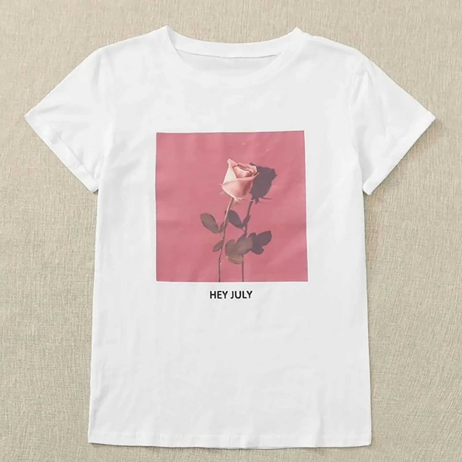 

Casual T-Shirt Printed Short-Sleeved Top Rose O-Neck Women's Color And Letter Cute Tops for Women under 10 Stretch Workout