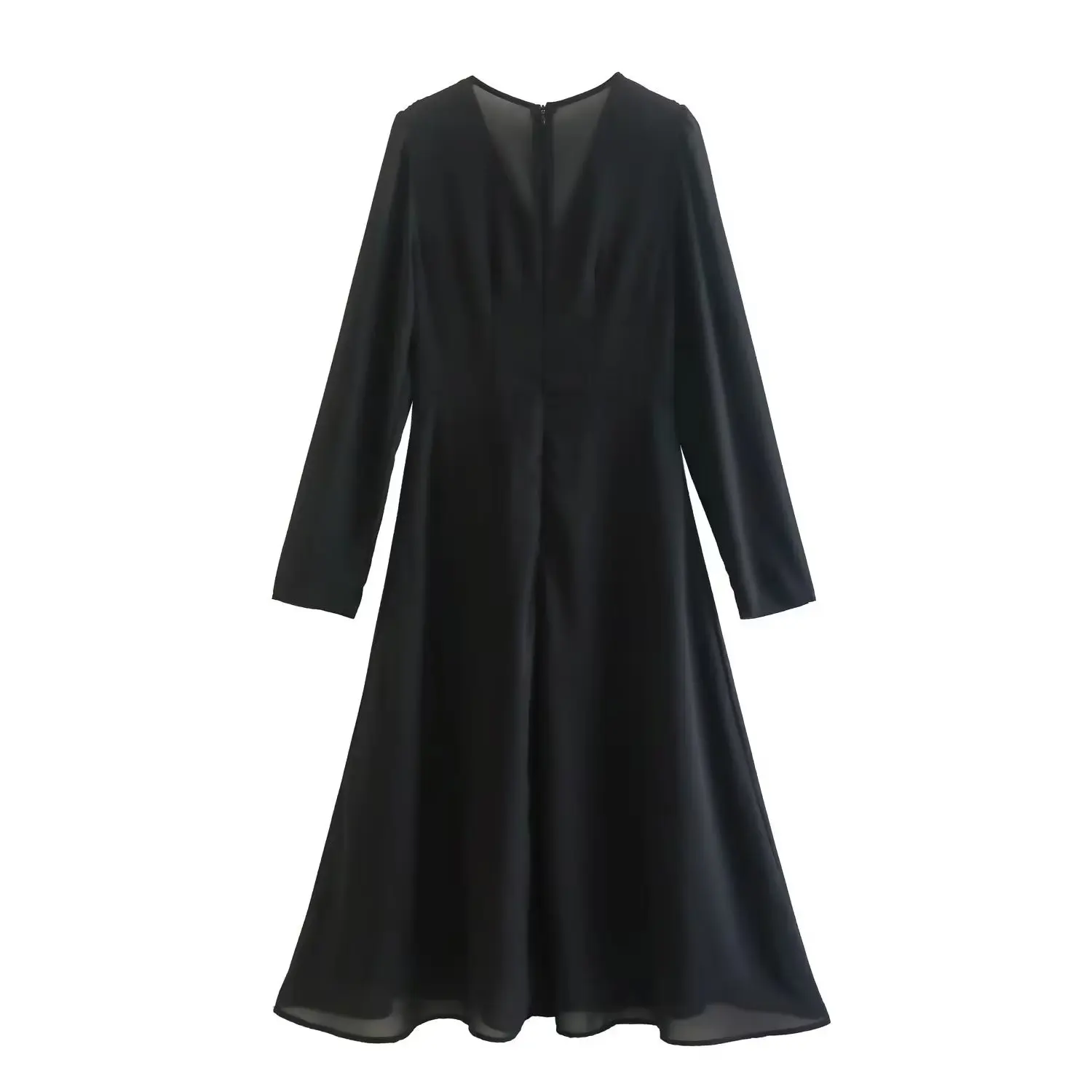

TRAF 2022 Women Summer Fashion V Neck Black Chiffon Midi Dress Female Chic Pleats Long Sleeve Back Zipper Slim A Line Vestidos