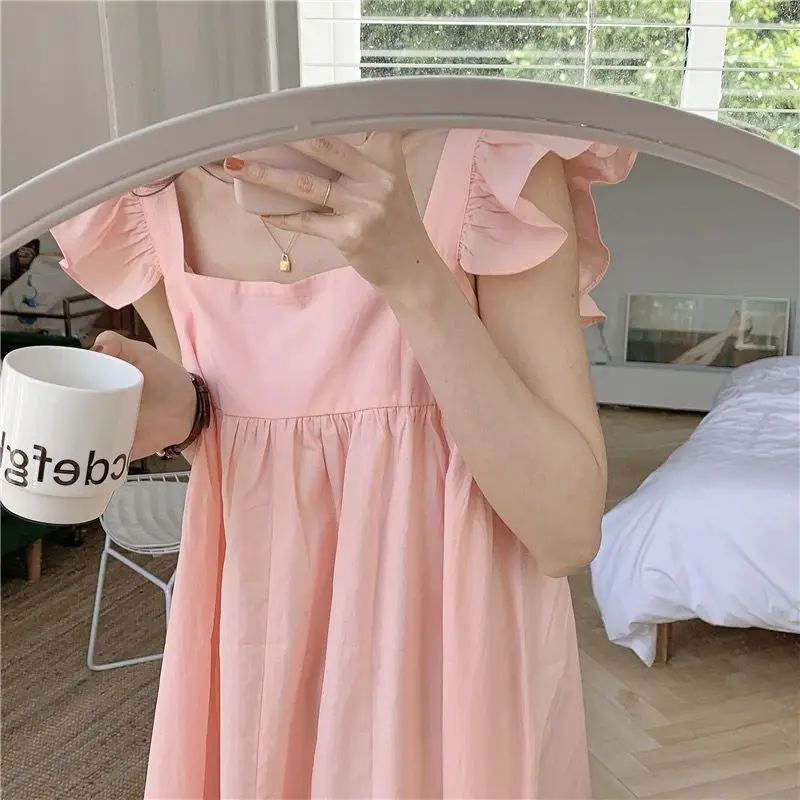 Casual Nightdress New in Pajamas Dress Summer Night Wears for Women Sleepwear Solid Square Neck Ruffle Sleeves Home Clothing