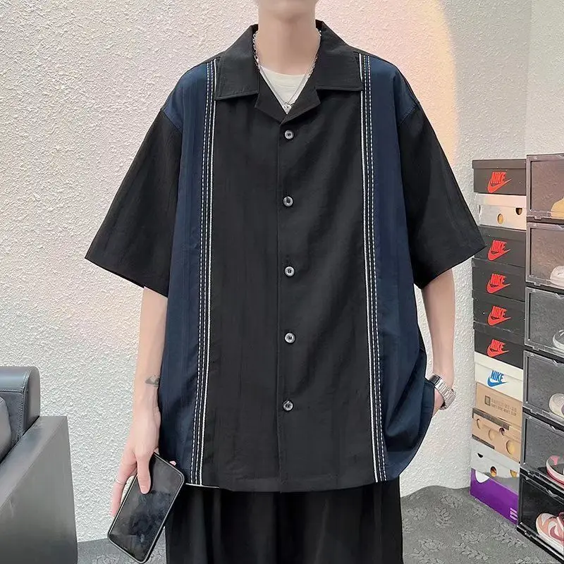 

Hip Hop Patchwork Summer Short Sleeve Shirt Men Punk Style Brand Ins Korean Fashion Button Up Shirt Couple Black Casual Shirts