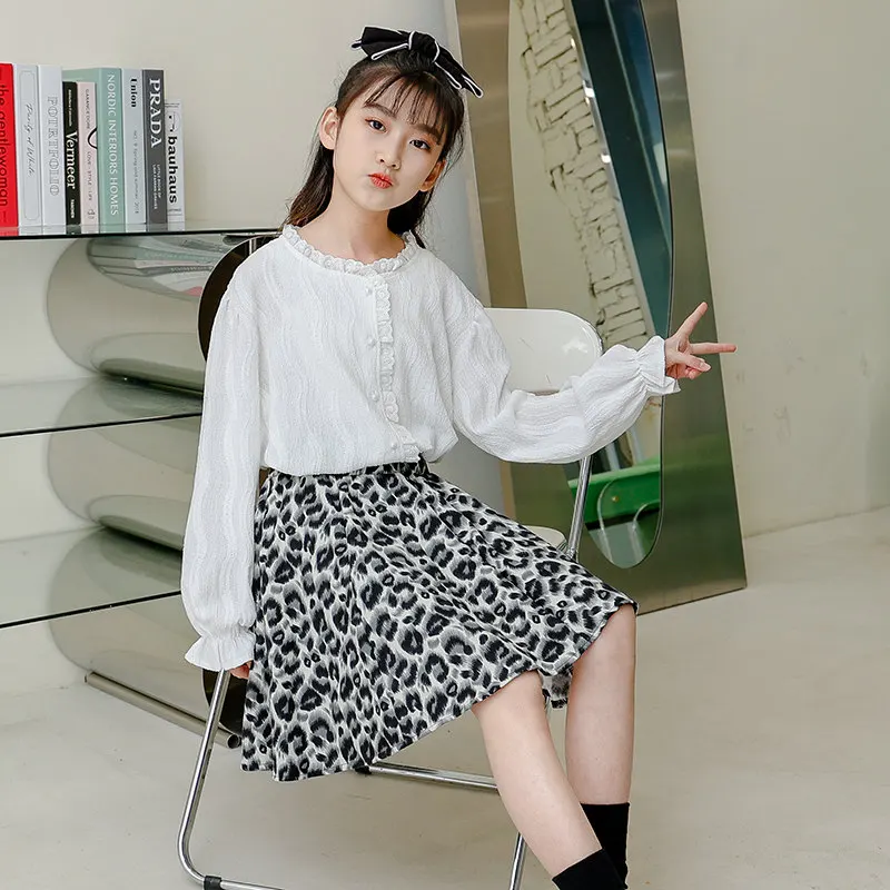 Kids Girl Clothing Sets White Shirts and Skirt with Leopard Print Two Pieces/Suits Korean Girls Children's Costume 4-13Years Old