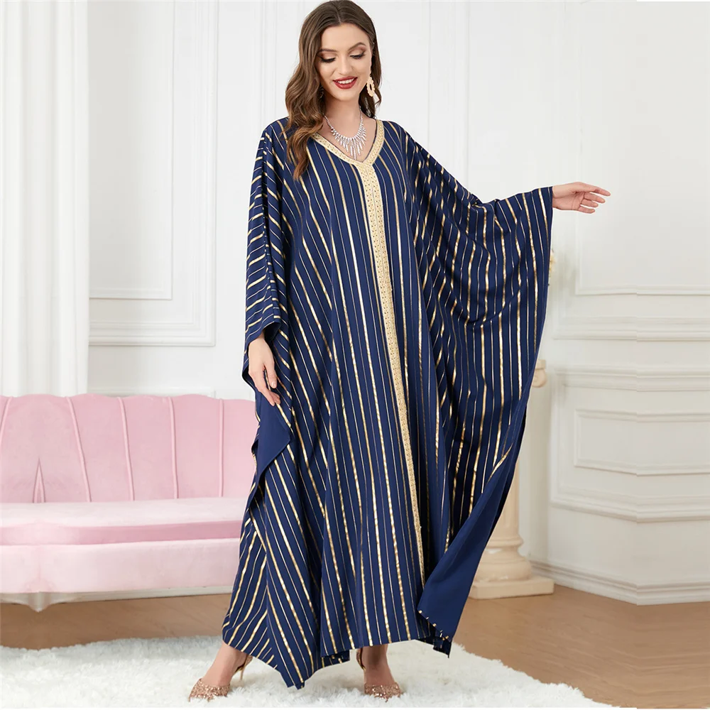 

Stripe Abaya Muslim Women Loose Batwing Sleeve Maxi Dress Dubai Turkey Arab Islamic Kaftan Moroccan Jilbab Clothing Gown Caftan