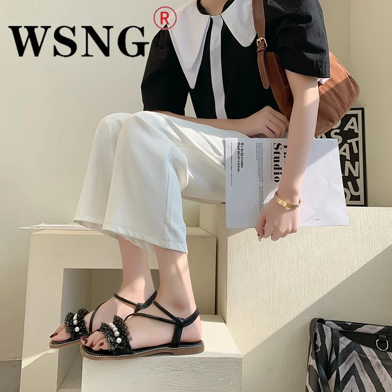 

2022 Summer Pearl Ladies Sandals Fashionable and Comfortable Versatile White Black Pull-On Sandals Ladies Flat Sandals