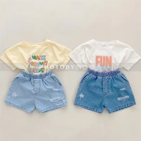 childrens summer clothes new trendy pants boys and girls korean style fashion hole elastic waist casual denim shorts