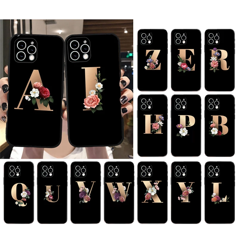 

Silicone Case For iphone 15 14 13 12 11 Pro Max 12 Mini 14Plus Clear Funda Phone Cover Gold Peony Flower Letter Monogram