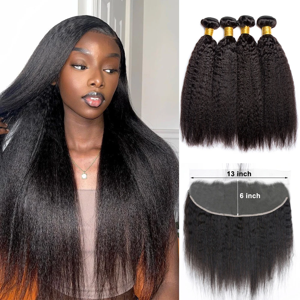 

Kinky Straight Bundles with Frontal 13x6 13X4 Transparent Lace Yaki Straight Human Hair Bundles with Closure Brazilian Remy Hair