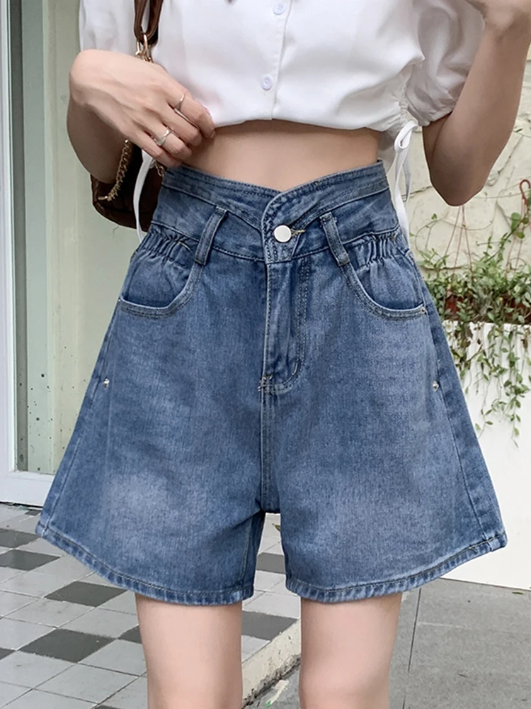 New Spring Summer Women Retro Elastic Waist Loose Blue Denim Shorts Casual Female Wide Leg Jeans Shorts Ladies Bottoms