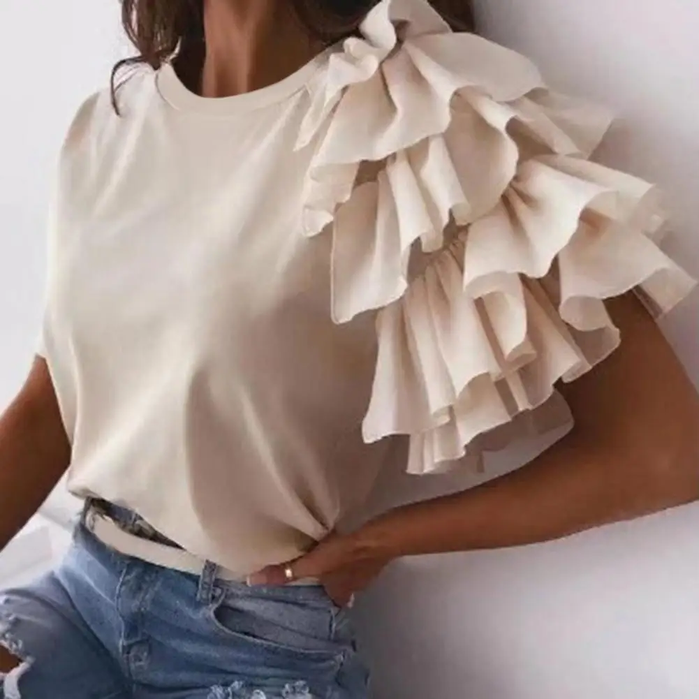 

Fashion blouse women elegant white Solid Color Layered Ruffle Short Sleeve Asymmetric Loose T-shirt Top for Summer Women Blouses