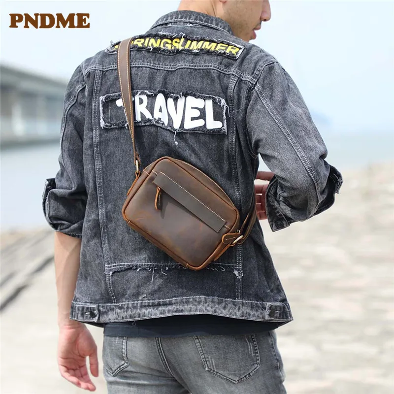 Vintage genuine leather men's small crossbody bag outdoor casual simple high-quality luxury crazy horse cowhide shoulder bag
