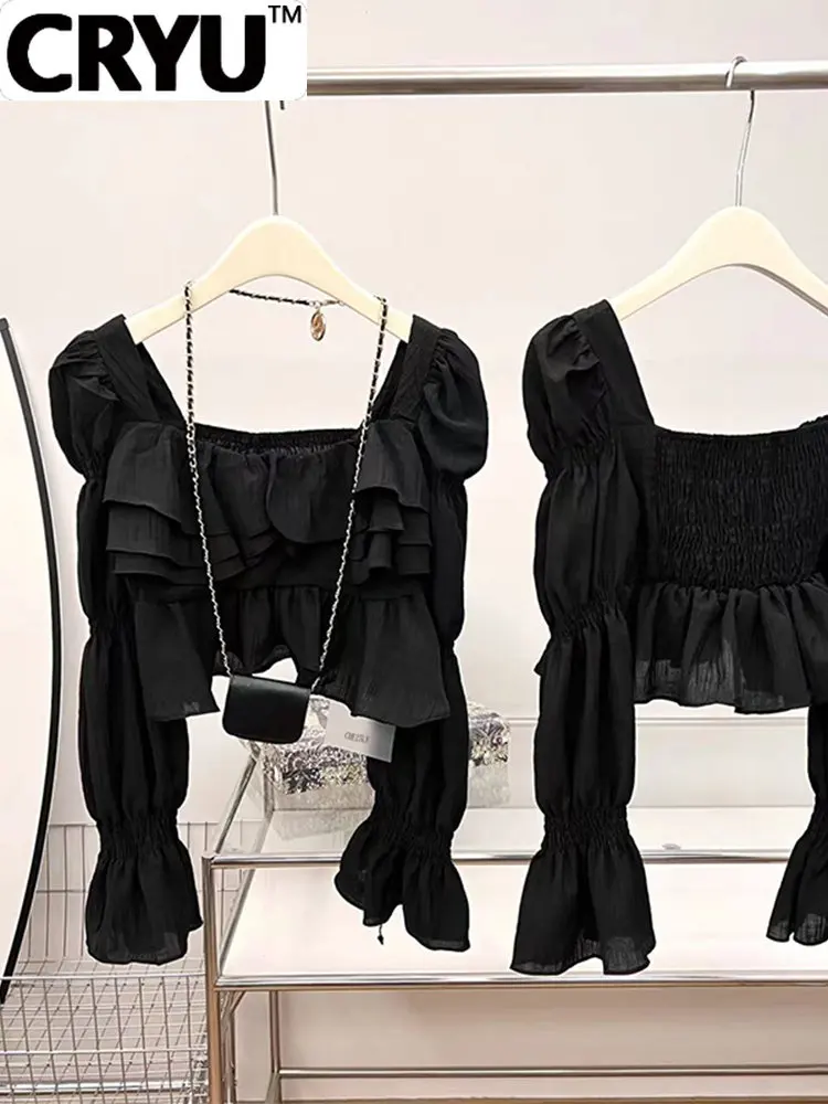 

Women Autumn 2022 New Square Collar Pleated Stretch Short Blouses Puff Long Sleeve Ruffle Tops Patchwork Solid Color Female Tops