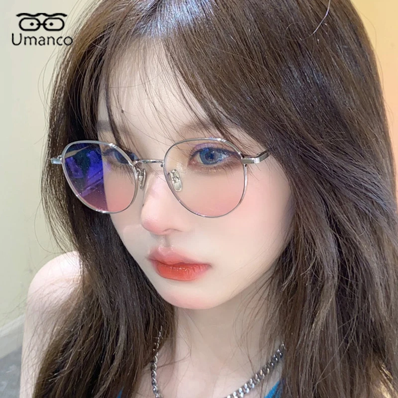 

Umanco Trendy Ultralight Round Anti Blue Light Nearsighted Glasses for Women Pink Lenses Metal Finished Prescirption Glasses