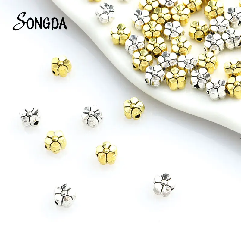 

50pcs 6x6mm Flower Small Hole Spacer Bead Charms Silver Plated Zinc Alloy Loose Beads DIY Bracelet Jewelry Making Findings Craft