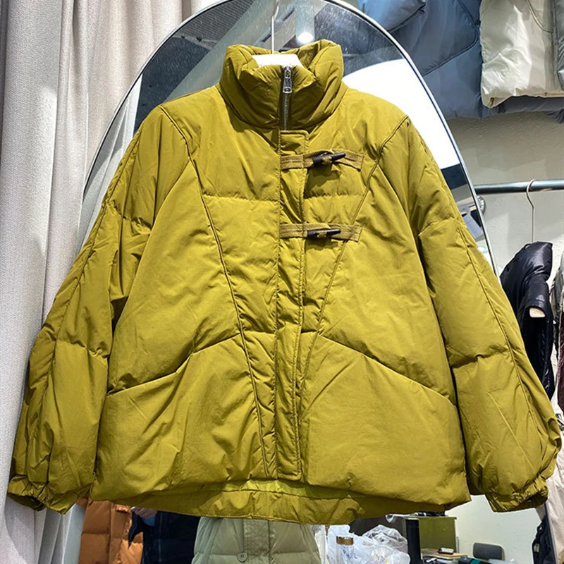 

Женский пуховик на белом утином пуху, свободная однотонная куртка на молнии с воротником-стойкой и гусеничной пряжкой, Осень-зима