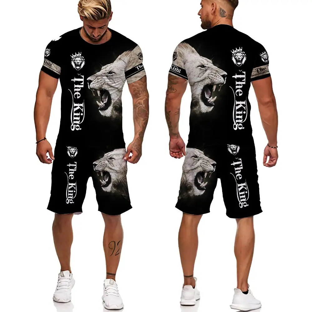 

Men Summer Fashion Cool Lion Graphic Printed Tracksuit Unisex Short Sleeved T Shirt Shorts Set Plus Size