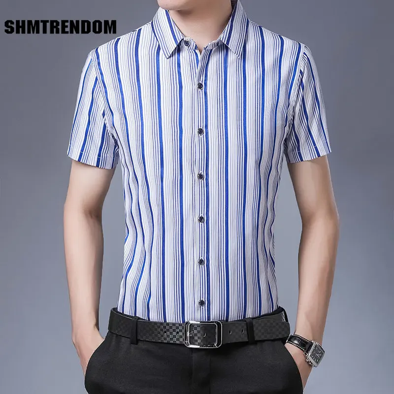 

Рубашка мужская с вертикальными полосками, деловая Повседневная приталенная, с коротким рукавом, качественная удобная дышащая роскошная, л...