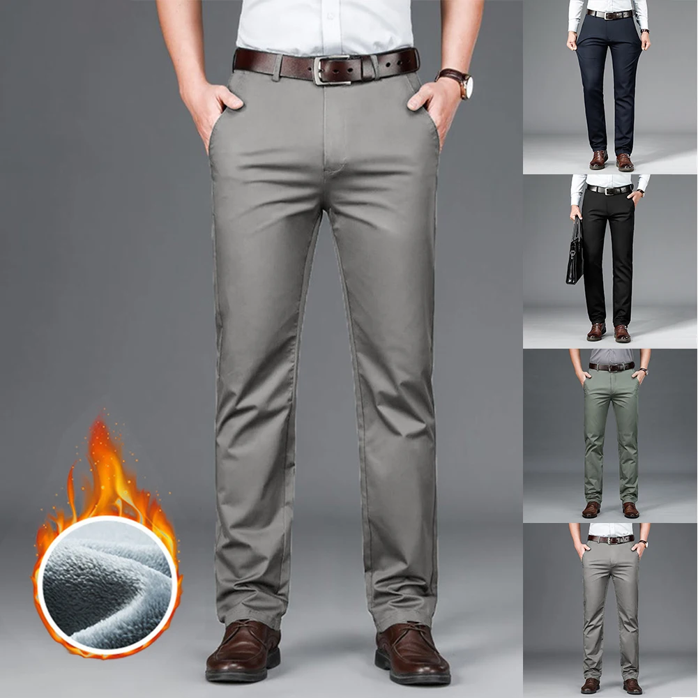

Winter Warm Men's Fleece Pants Thick Business Stretch Slim Fit Elastic Waist Jogger Korean Classic Black Gray Blue Trousers Male