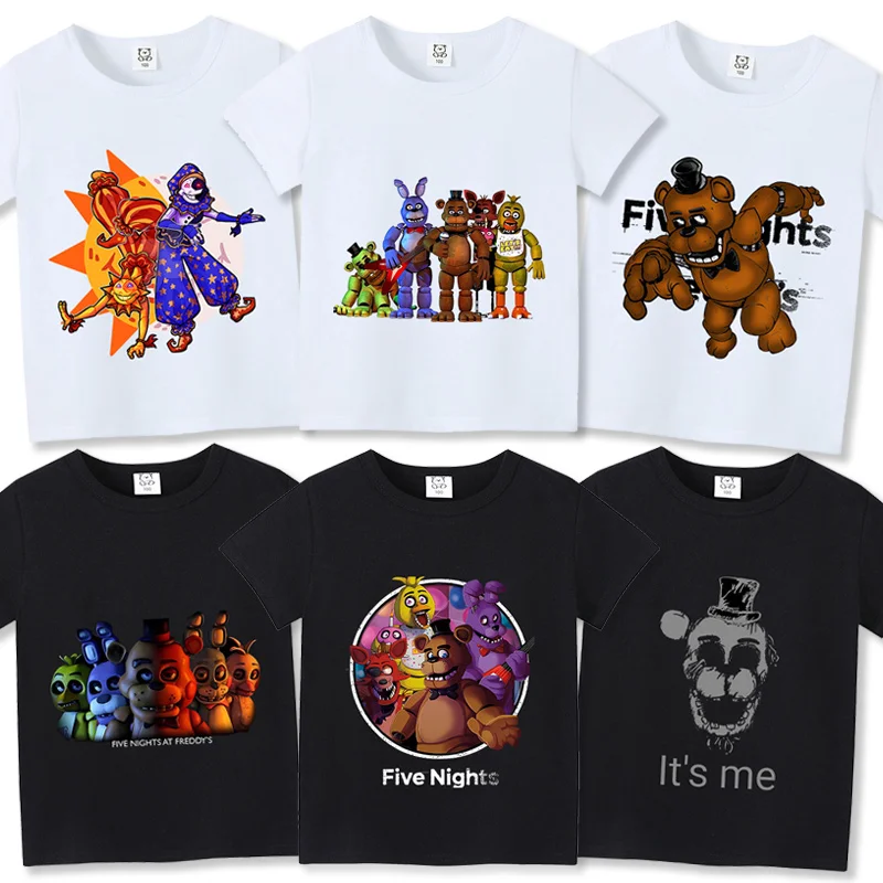 Фото Футболка Fnafs для детей, футболка с короткими рукавами Five Nights Freddys, белая, черная футболка, одежда с аниме-принтом, детский подарок для мальчиков и девочек №2