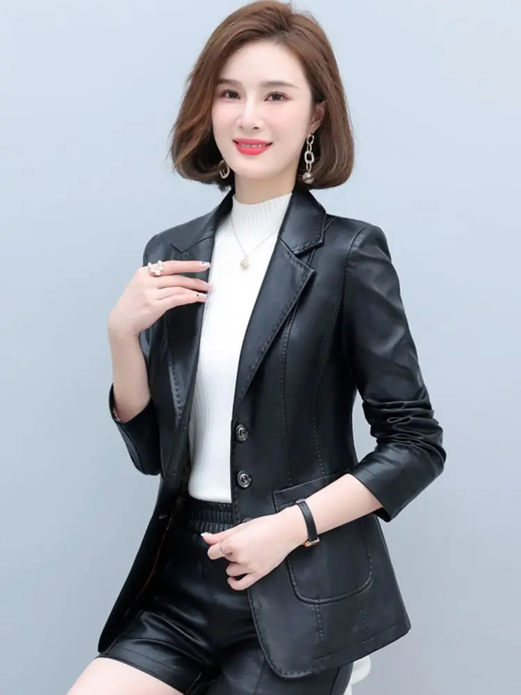 New Women Leather Blazer Spring Autumn Fashion Casual Suit Collar Long Sleeve Slim Waist Sheepskin Jacket Split Leather Coat
