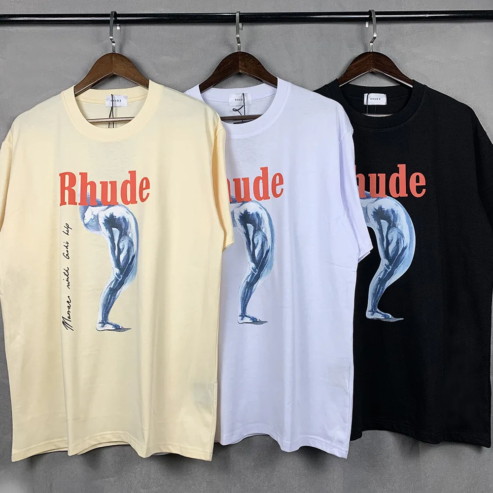 Rhude 2022 Short Sleeve Printed High Quality Oversized Round MONACO With Gold Help Neck Men's And Women's Sportswear t-Shirt |
